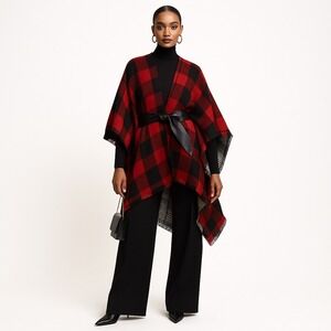 Women's Reversible Tartan Plaid Poncho Multicolor Holiday Festive Cozy